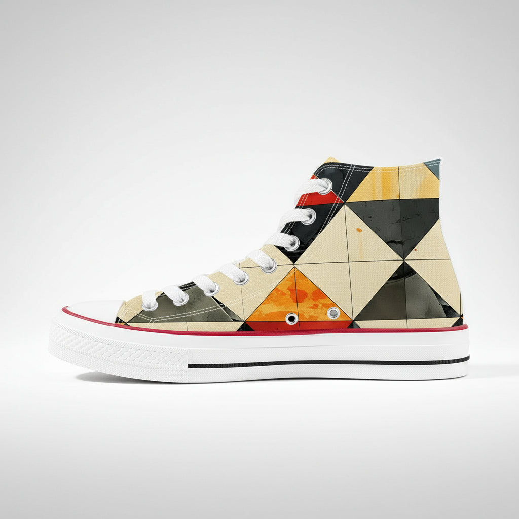 Colorful Moyo Kaleidoscope geometric pattern high top canvas sneakers with Japanese Wagara design.