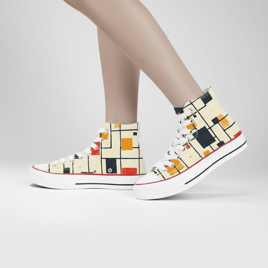A high-top canvas sneaker featuring a light beige background with a dynamic pattern of black lines forming an irregular grid, overlaid with scattered red, orange, and dark blue rectangles and squares.