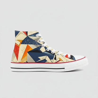 Premium high-top canvas sneakers featuring a sophisticated abstract geometric pattern in black, white, and neutral tones, inspired by modern Japanese graphic design.
