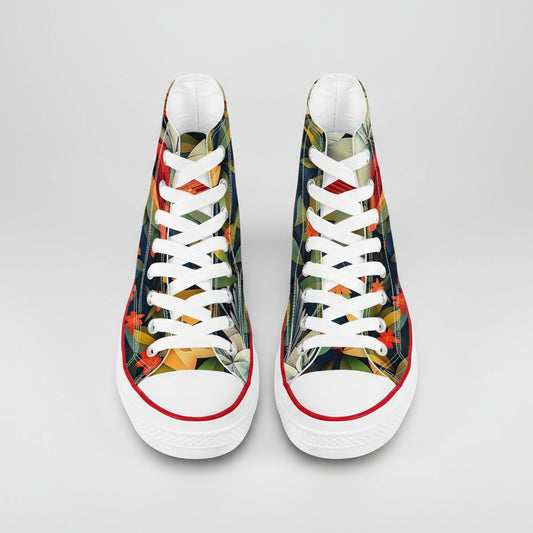 White canvas high top sneakers with rich orange floral botanical print and green leaves.background