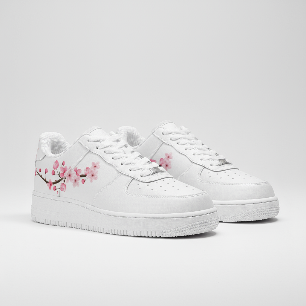 White sneakers with pink floral design on a light gray background