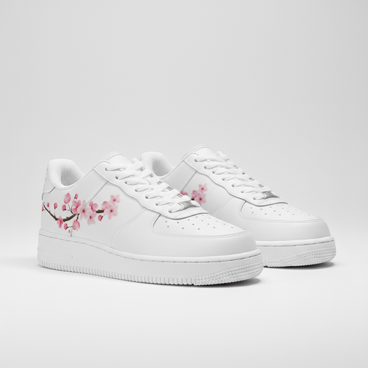 White sneakers with pink floral design on a light gray background