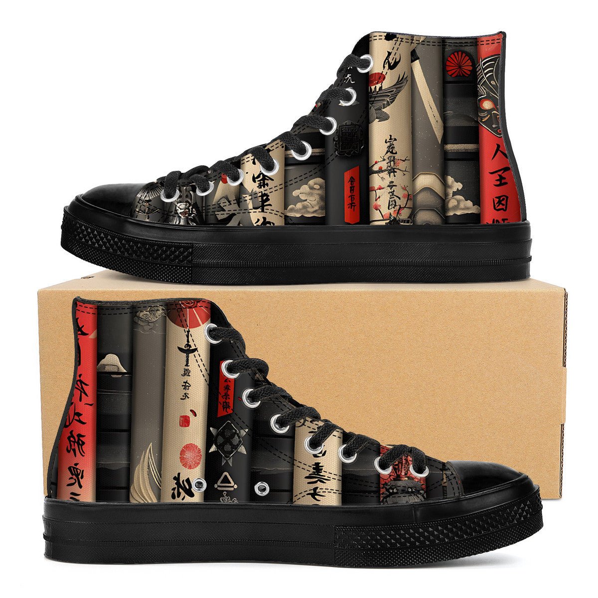 Black High - Top Sneakers with Japanese Book Spine Print - 