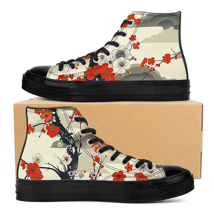 High-top sneakers with floral design on a cardboard box
