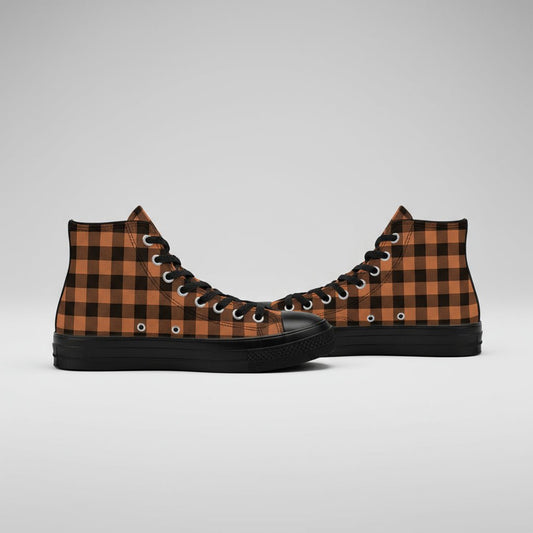 Black and brown checkered pattern canvas high top sneakers with Japanese Wagara design.