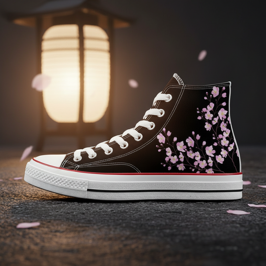 Black high-top sneaker with pink floral design on a dark background