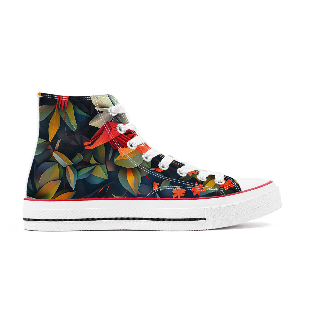 High-top sneaker with colorful leaf pattern on a white background