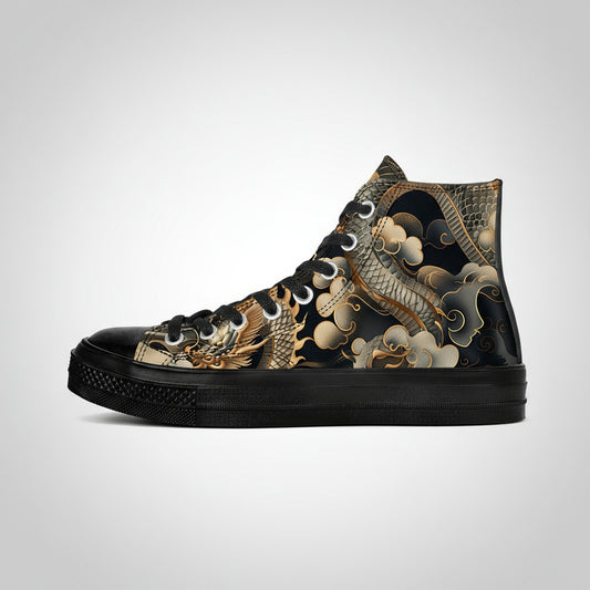 Gold and black Japanese dragon print canvas high top sneakers on a dark background.