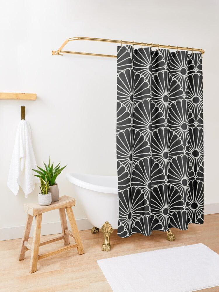 Japanese Kiku Shower Curtain - White and Black