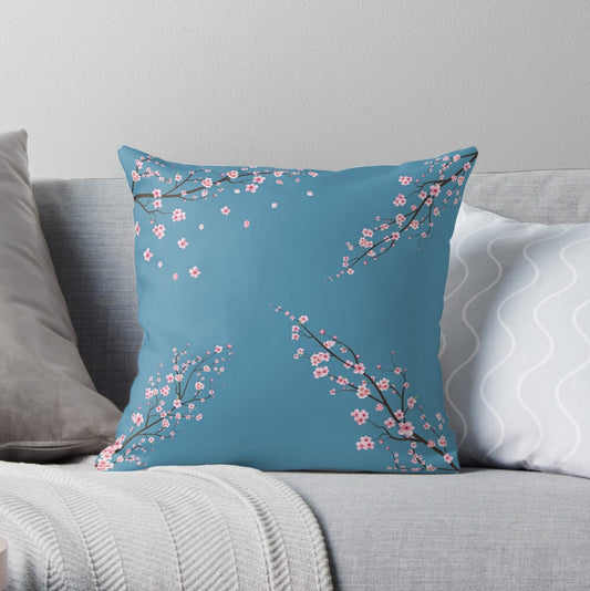 Blue Sakura Throw Pillow