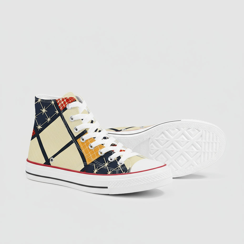 Pair of high-top sneakers with geometric pattern on a white background