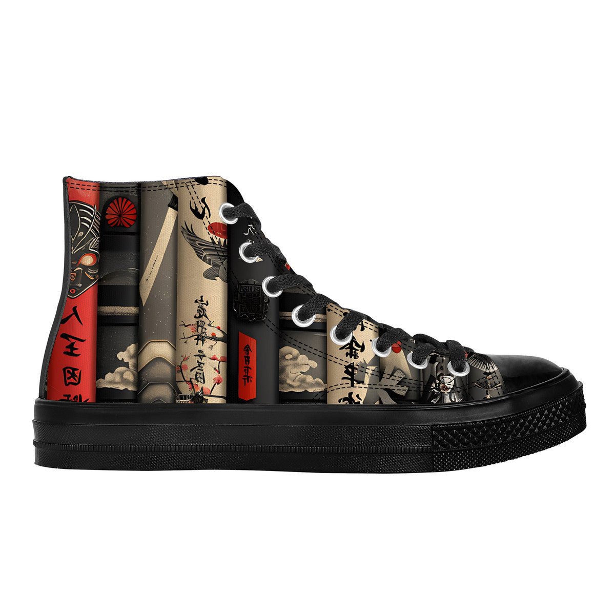 Black High - Top Sneakers with Japanese Book Spine Print - 