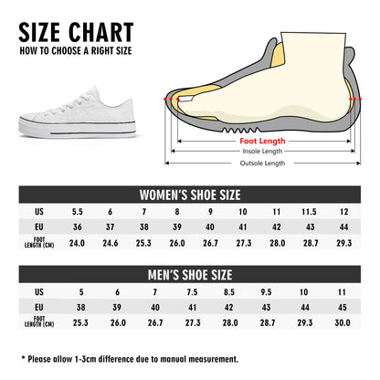 Shoe size chart for women and men with a white sneaker and anatomical diagram of a foot.
