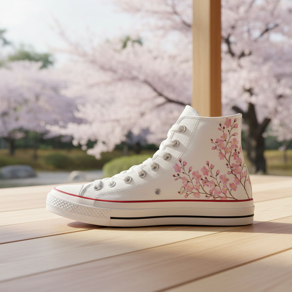 White high-top sneakers with cherry blossom design on a wooden deck with cherry blossom trees in the background.