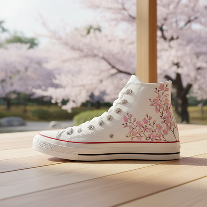 White high-top sneakers with cherry blossom design on a wooden deck with cherry blossom trees in the background.