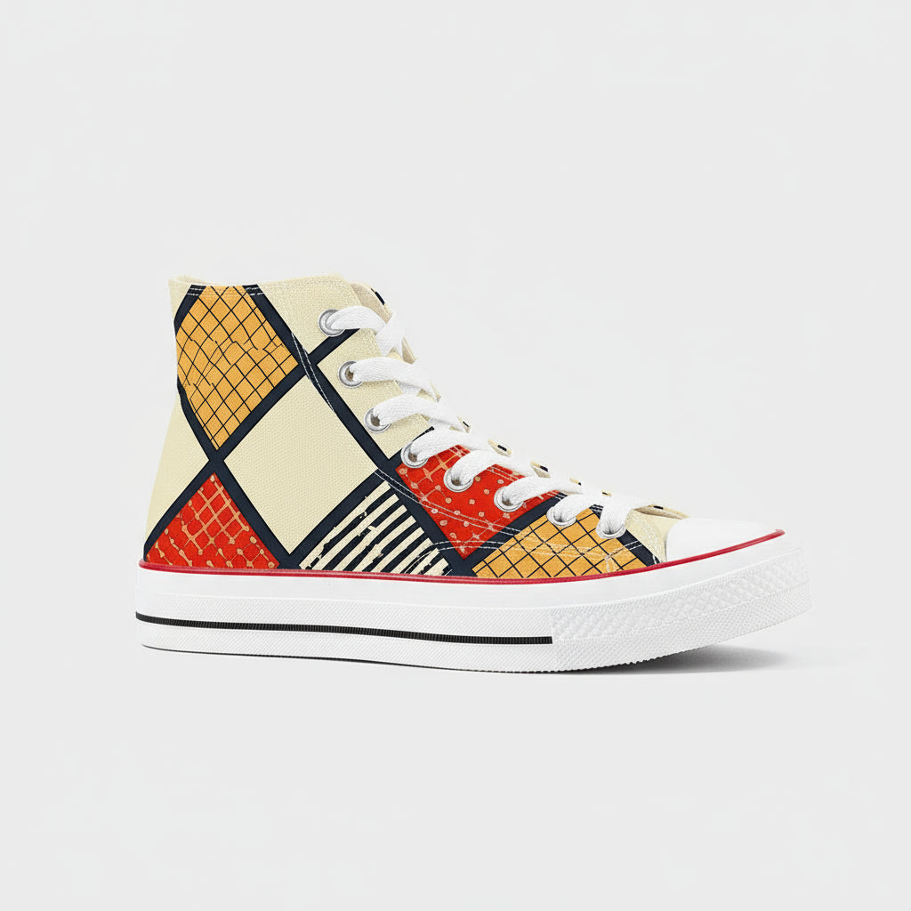 Colorful Hishi Diamond Quilt pattern high top canvas sneakers with Japanese Wagara design.