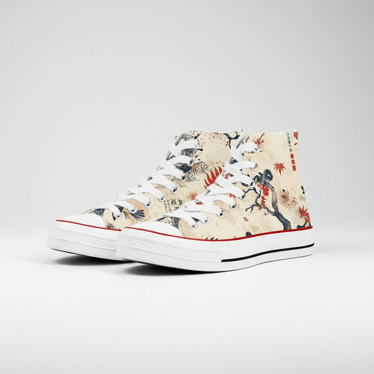 Red and black Japanese dragon print canvas high top sneakers with dark background.