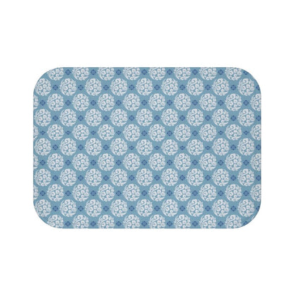 Blue and White Round Japanese Design Bath Mat.   Japanese style bathmats are the perfect finishing flourish for a stylish, personality-filled bathroom, and this bath mat is as practical, as it is stylish - the anti-slip backing keeps the bath mat firmly in place and reduces the risk of slipping. 100% Microfiber. Vibrant print exit in 2 sizes 34” x 21” (86 x 53 cm) or 24” x 17” (61 x 43 cm). Anti-slip backing. Binding around the edges. Machine wash cold, gentle cycle. Tumble dry low or line dry. 