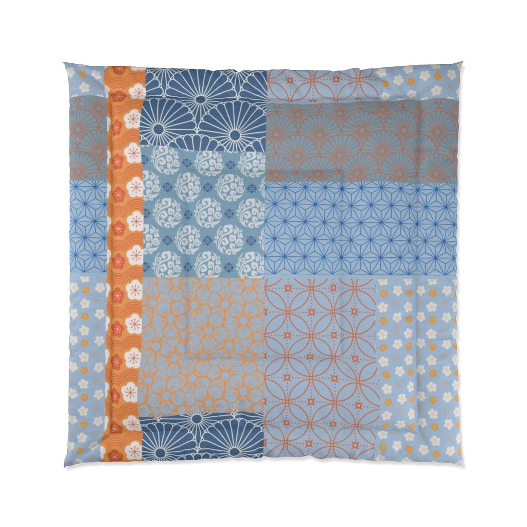 King Size Blue & Orange Japanese Pattern Patchwork Comforter