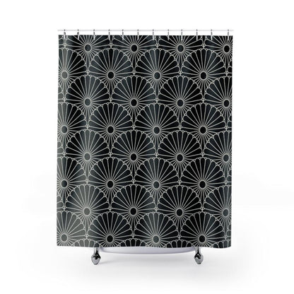 Large White Flower on Black Japanese Shower Curtain.   Shower curtain with vibrant Japanese Pattern colors which will brighten your bathroom. Our Shower curtains are made of 100% Polyester and include 12 holes at the top for easy placement. Decorate your wet room or shower room with these superb curtains. Total dimension are 71'x74' or 180cmx188cm