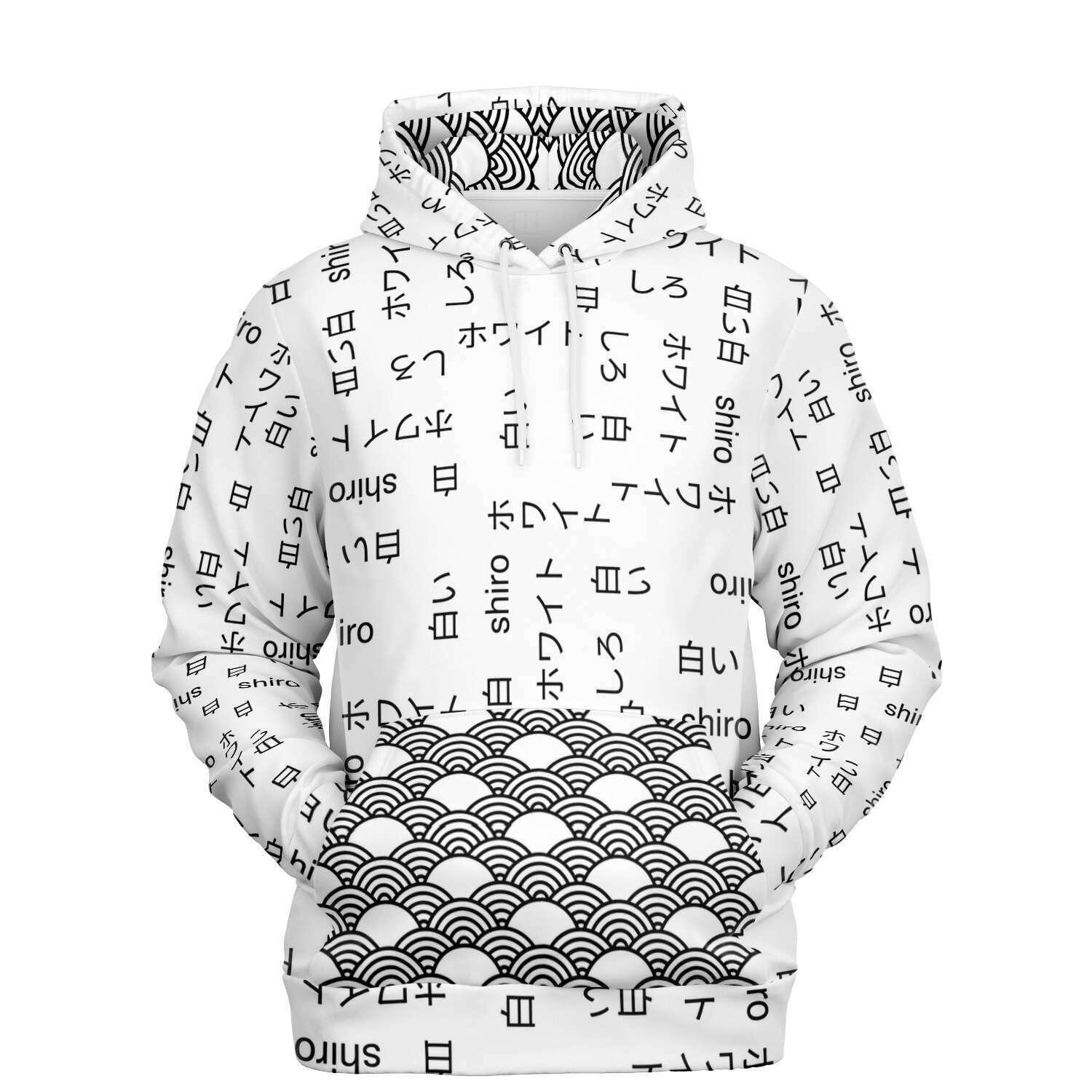 White Hoodie with written the word "white" in black characters. The words are written in both Kanji, Hiragana, Katakana and romanji. The front pocket and the inside of the hood have the same origami type pattern in black and white