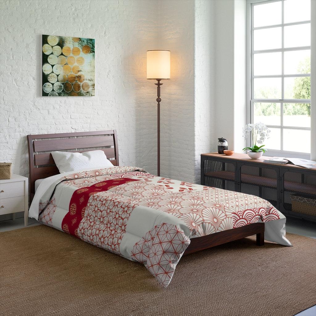 Single Size Japanese Red & White Wagara Pattern Patchwork Comforter