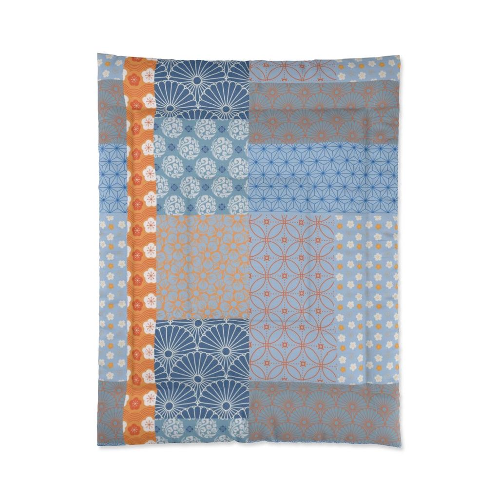 Single Size Blue & Orange Japanese Pattern Patchwork Comforter