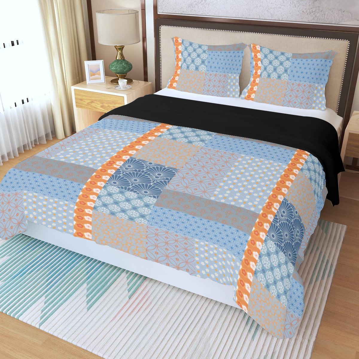 Blue & Orange Japanese Pattern Patchwork Three Piece Duvet Cover Set