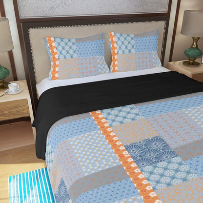 Blue & Orange Japanese Pattern Patchwork Three Piece Duvet Cover Set