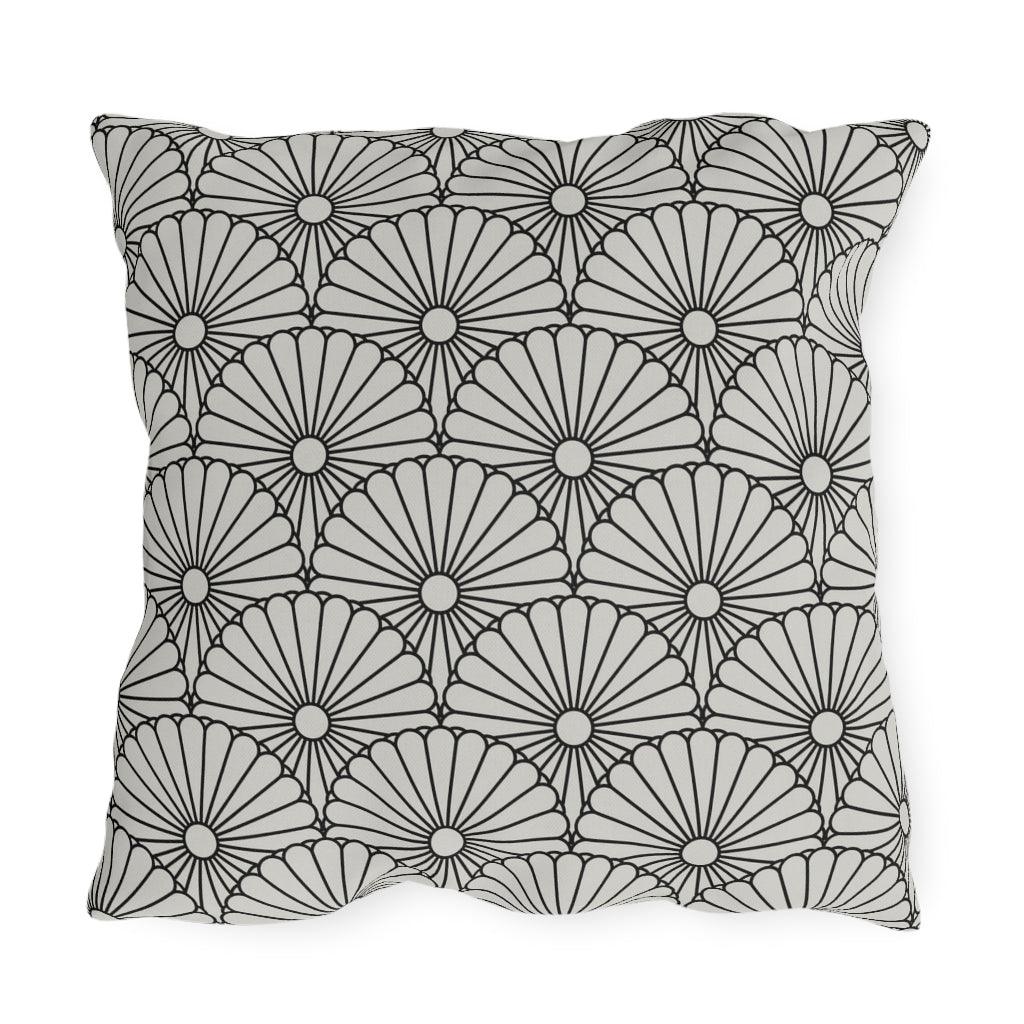 Black Chrysanthemum on Grey Background Pattern Outdoor Pillows - Kaito Japan Design 