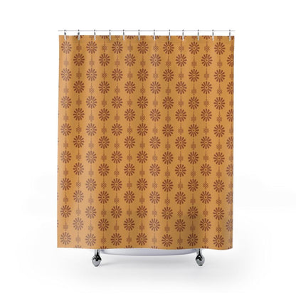 Burnt Orange flowers on a Light Orange Shower Curtain.   Shower curtain with vibrant Japanese Pattern colors which will brighten your bathroom. Our Shower curtains are made of 100% Polyester and include 12 holes at the top for easy placement. Decorate your wet room or shower room with these superb curtains. Total dimension are 71'x74' or 180cmx188cm