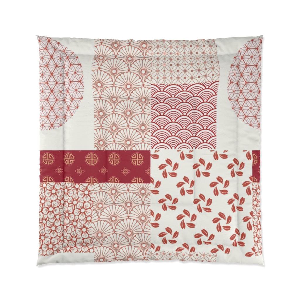 King Size Japanese Red & White Wagara Pattern Patchwork Comforter