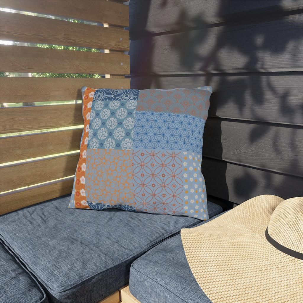 Blue and Orange Wagara Patchwork Outdoor Pillows - Kaito Japan Design 