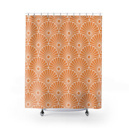 White Flowers on a Light Orange Background Japanese Shower Curtain.   Shower curtain with vibrant Japanese Pattern colors which will brighten your bathroom. Our Shower curtains are made of 100% Polyester and include 12 holes at the top for easy placement. Decorate your wet room or shower room with these superb curtains. Total dimension are 71'x74' or 180cmx188cm