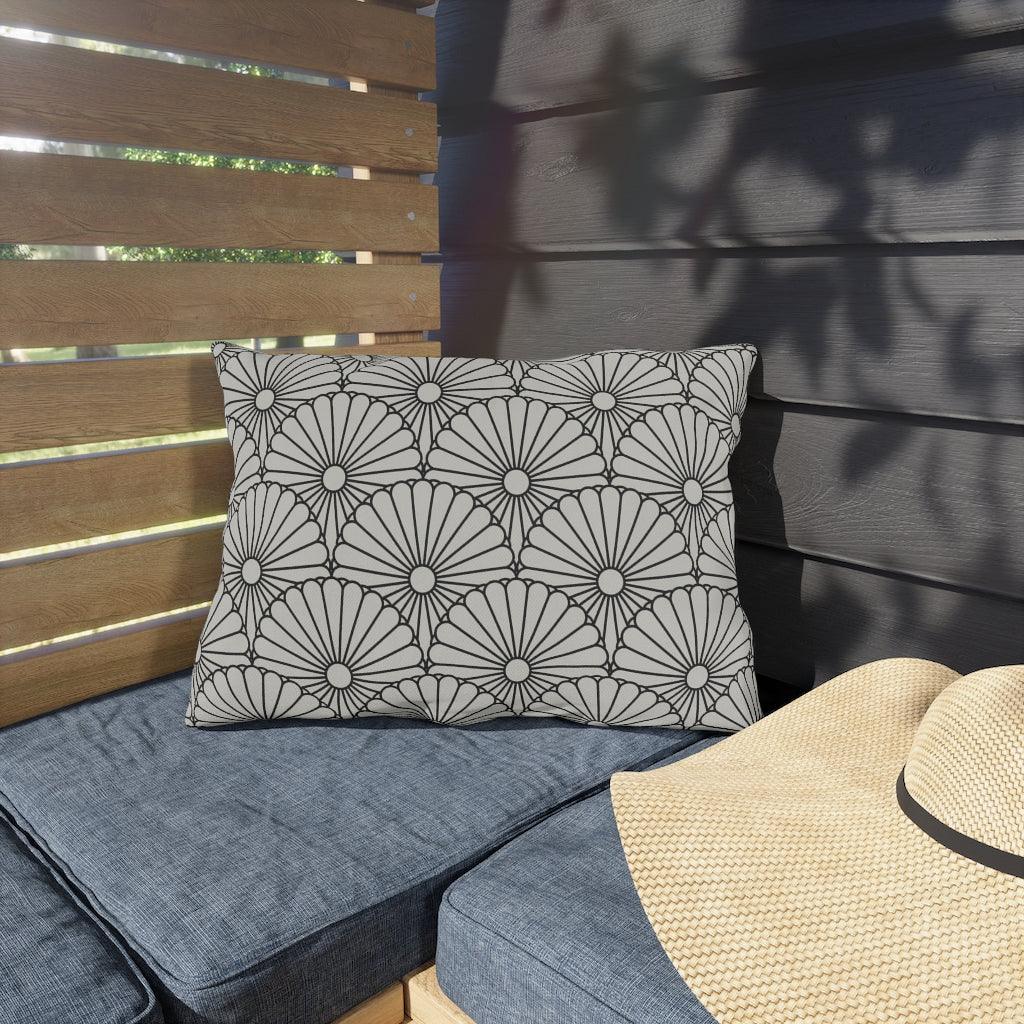 Black Chrysanthemum on Grey Background Pattern Outdoor Pillows - Kaito Japan Design 