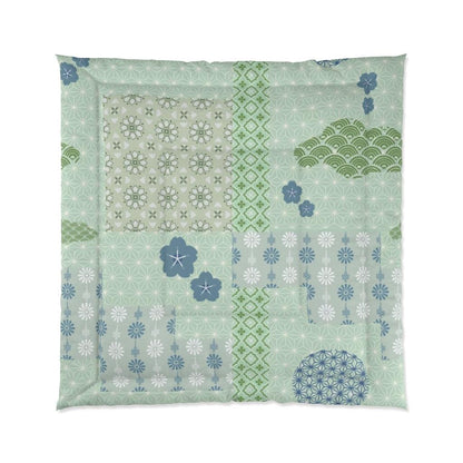 King Size Green and Blue Japanese Pattern Patchwork Comforter