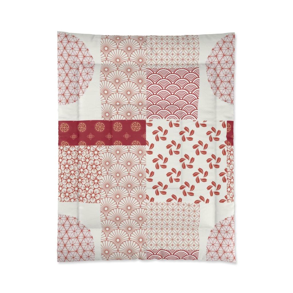 Single Size Japanese Red & White Wagara Pattern Patchwork Comforter