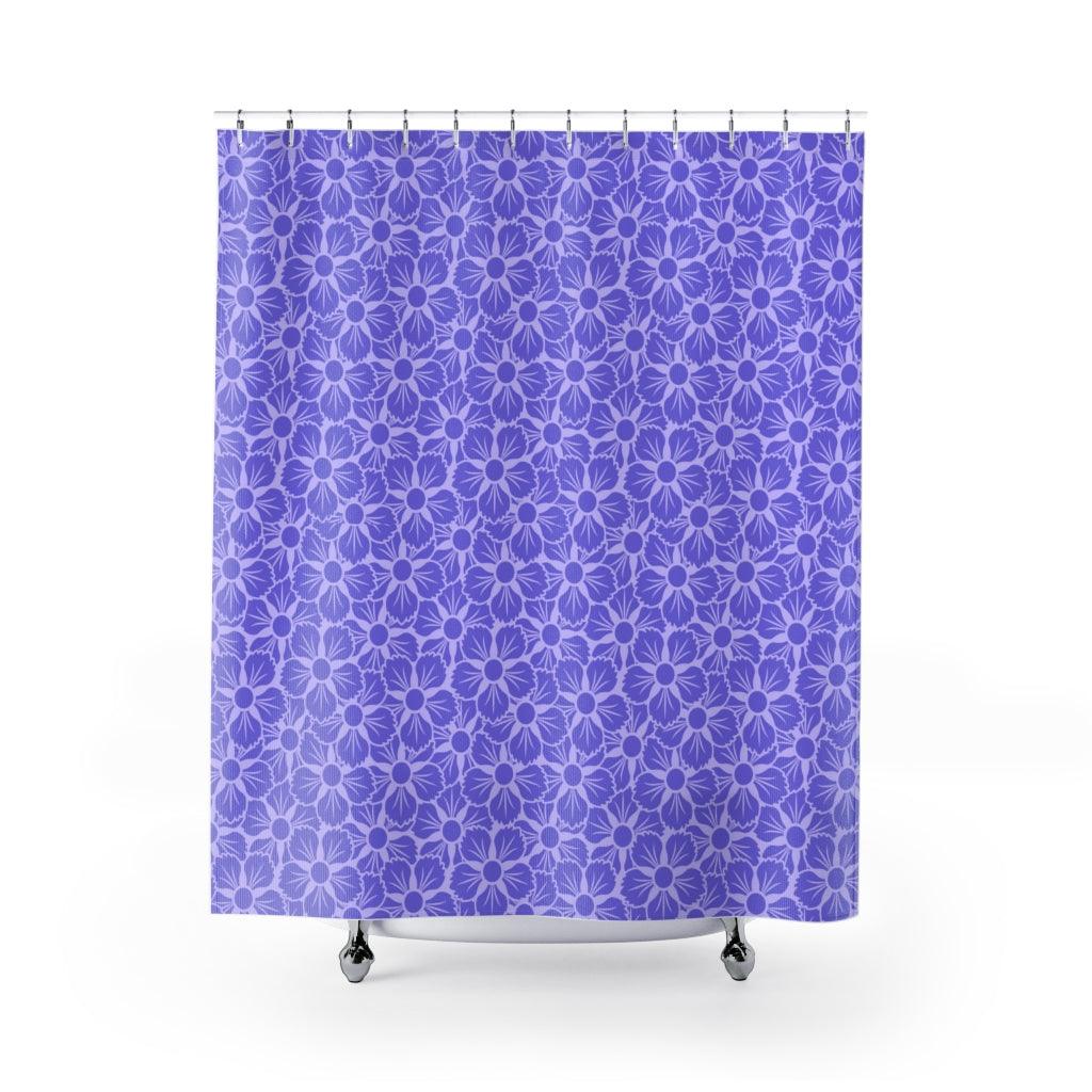Purple Flower on White Japanese Shower Curtain.   Shower curtain with vibrant Japanese Pattern colors which will brighten your bathroom. Our Shower curtains are made of 100% Polyester and include 12 holes at the top for easy placement. Decorate your wet room or shower room with these superb curtains. Total dimension are 71'x74' or 180cmx188cm