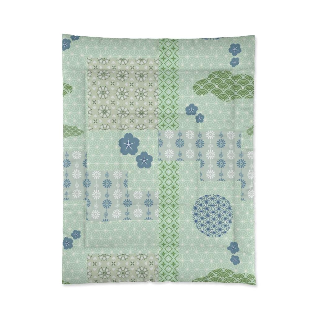 Single Size Green and Blue Japanese Pattern Patchwork Comforter