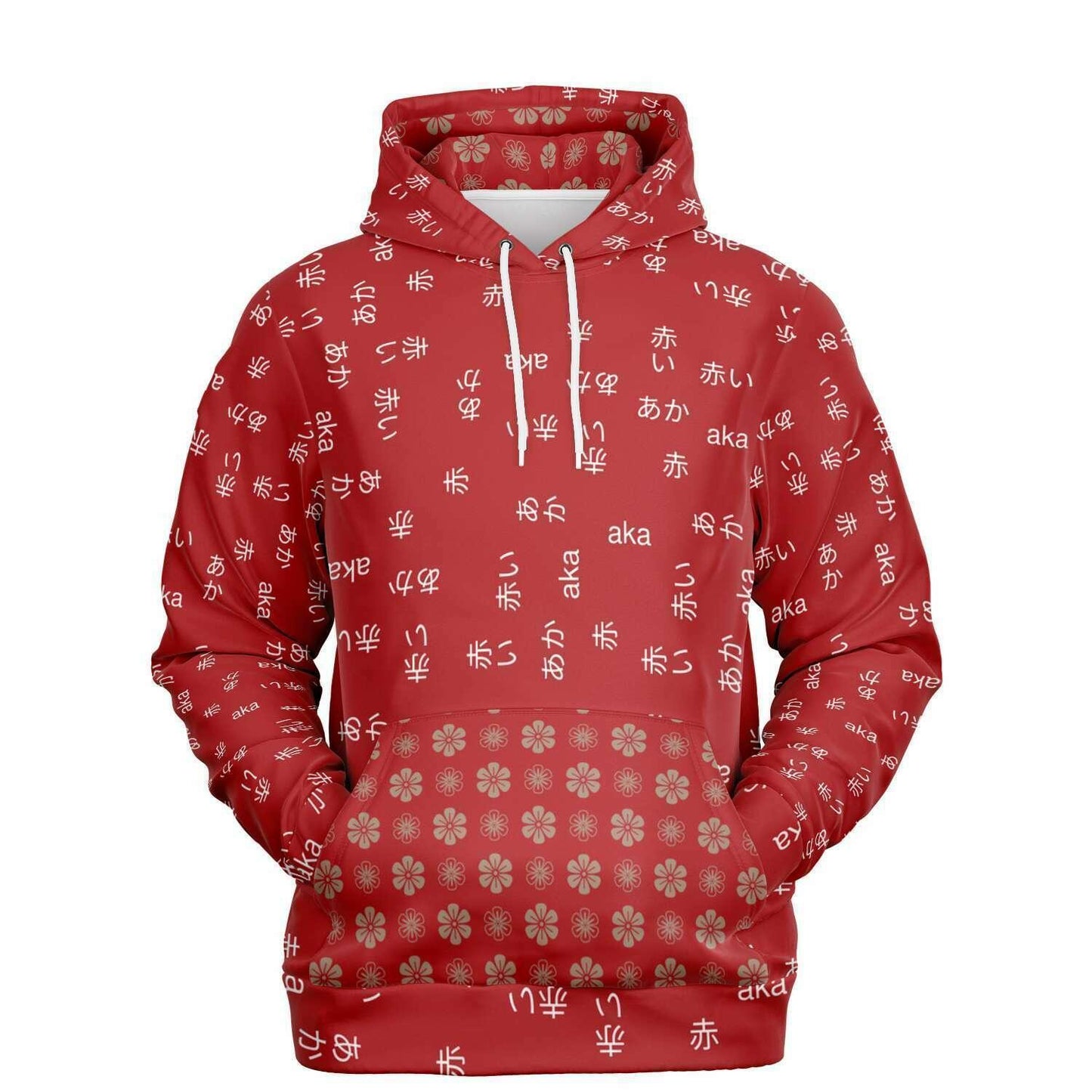 Red Hoodie with written the word "red" in white characters. The words are written in both Kanji, Hiragana, Katakana and romanji. The front pocket and the inside of the hood have the same origami type pattern in red and golden ( not shiny)