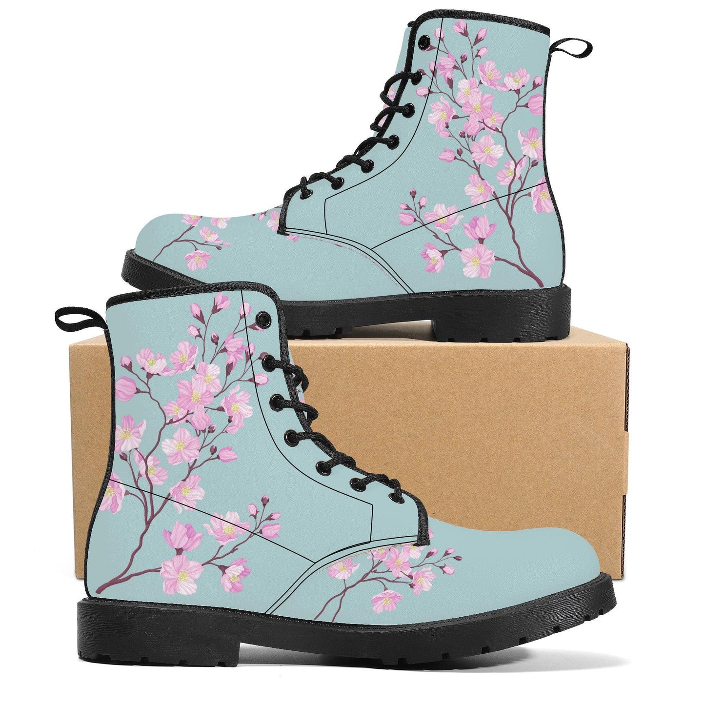 Sky Blue Vegan Leather Boots with Cherry Blossom
