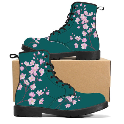 Dark Green Vegan Leather Boots with Cherry Blossom