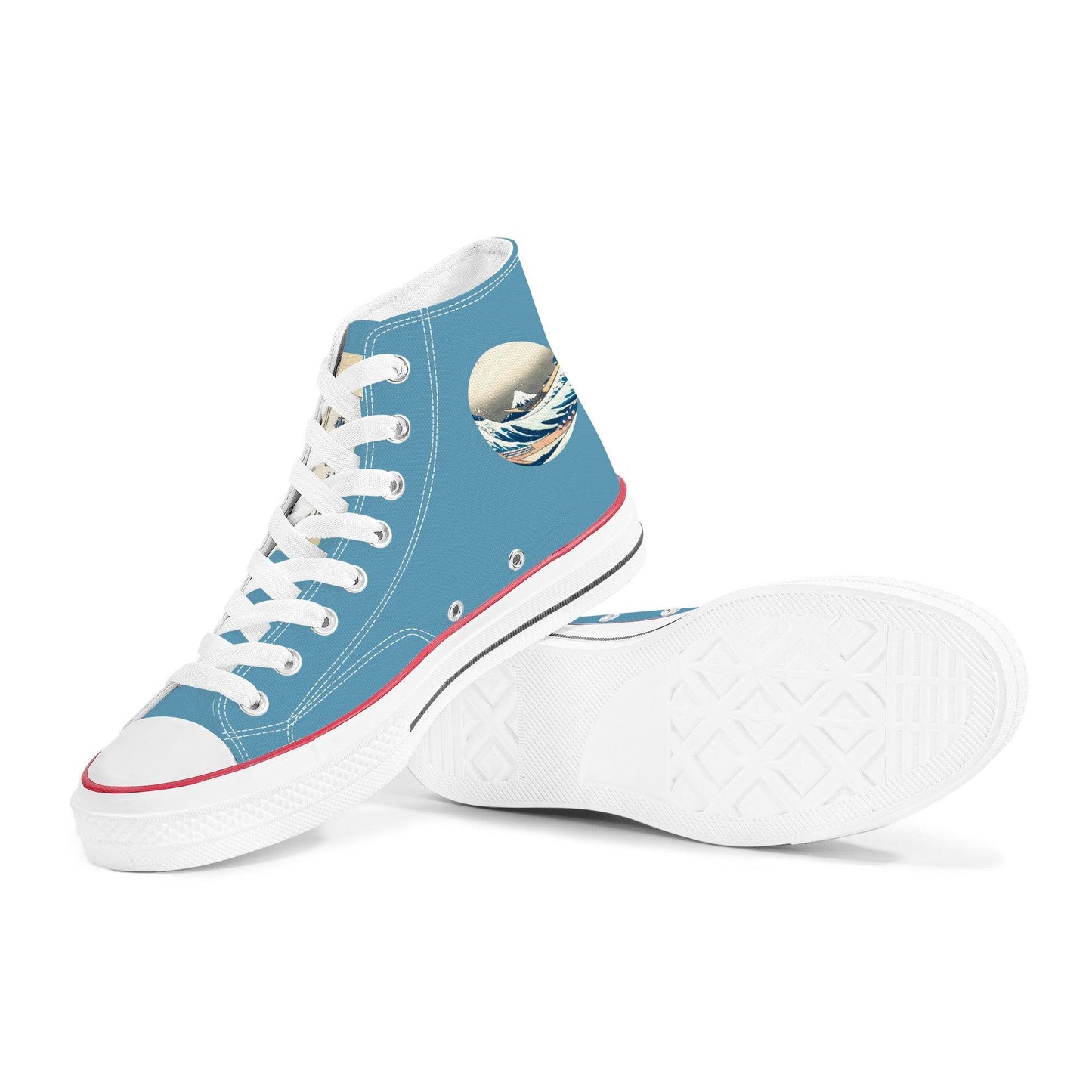 The Great Wave High Top Blue Canvas Shoes - Kaito Japan Design 