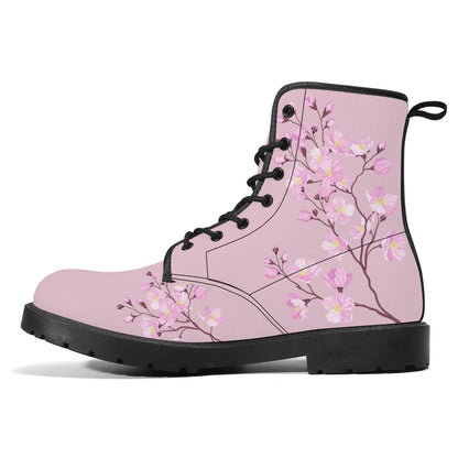 Pink Vegan Leather Boots with Cherry Blossom