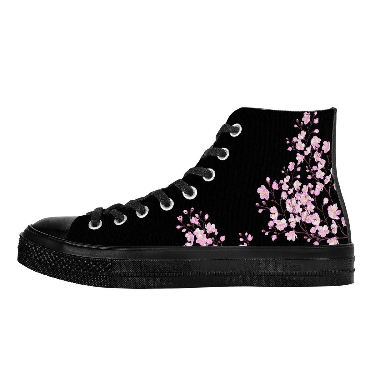 Sakura on Black Sole - High Top Canvas Shoes 