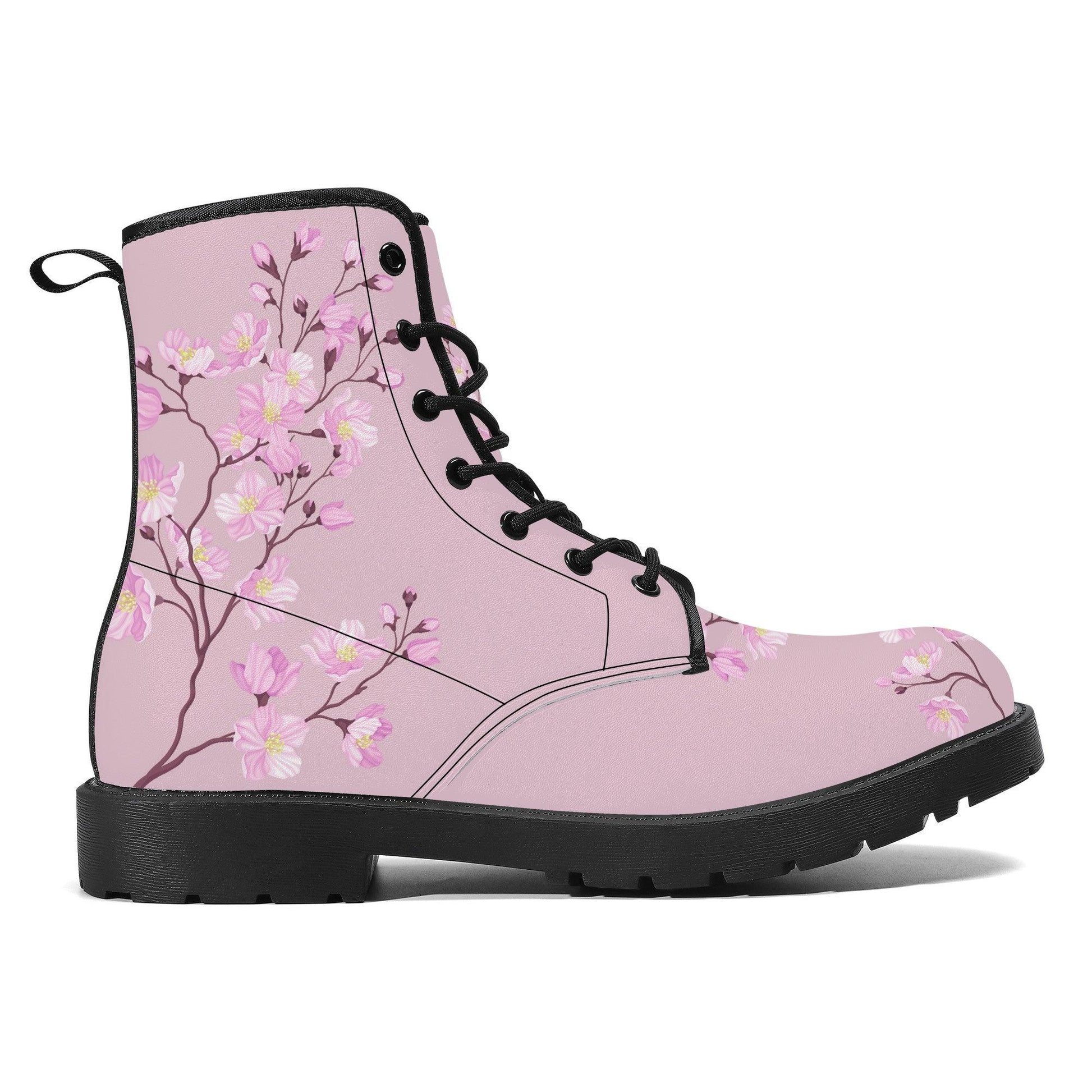 Pink Vegan Leather Boots with Cherry Blossom