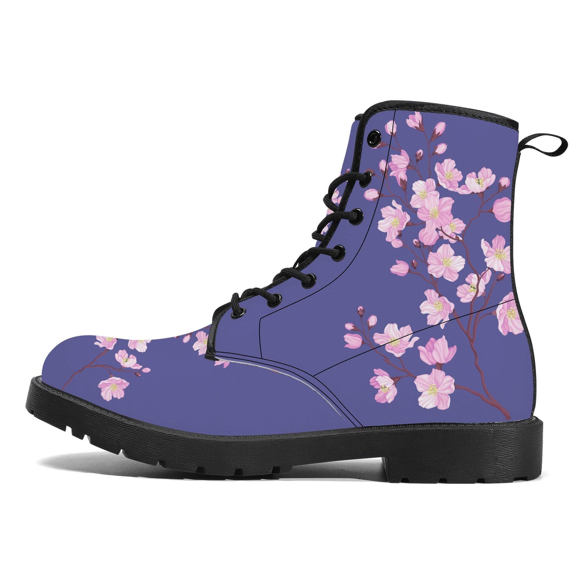 Purple Vegan Leather Boots with Cherry Blossom