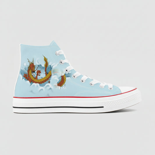 Premium high-top canvas sneakers featuring a majestic blue dragon swirling through white clouds and traditional Japanese wind motifs.