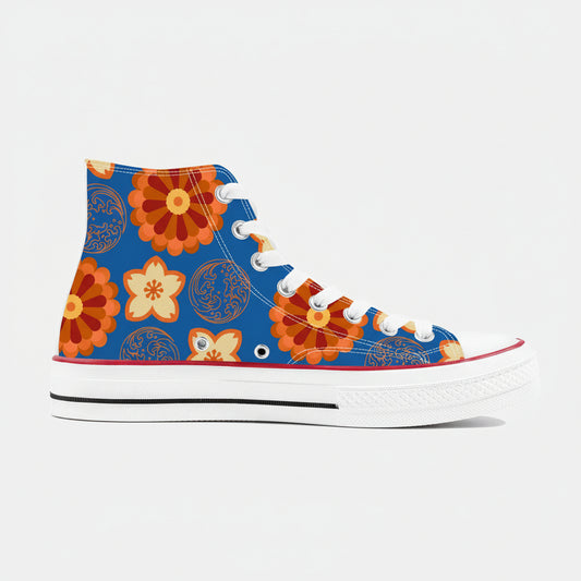 Orange Flowers & Blue Sky - High Top Canvas Shoes - Kaito Japan Design 