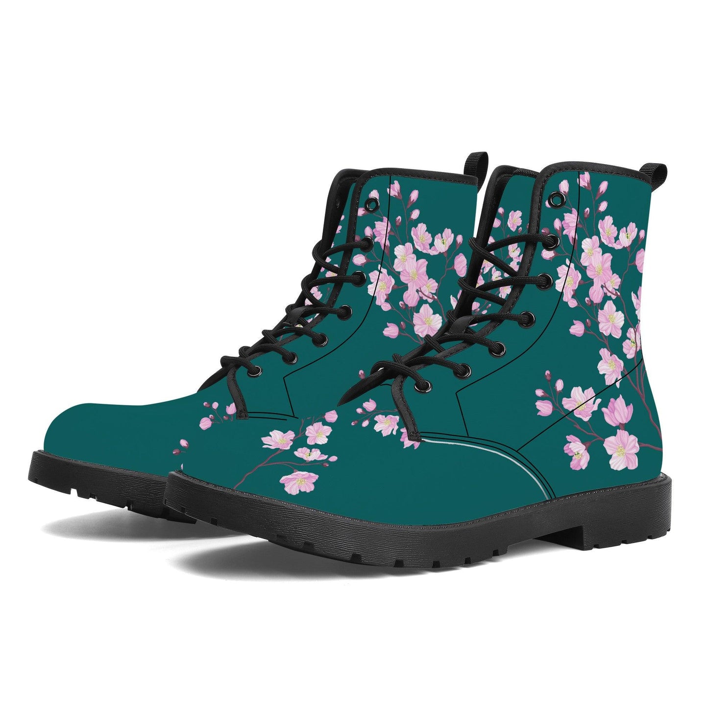 Dark Green Vegan Leather Boots with Cherry Blossom
